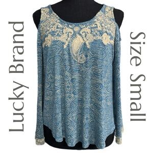 Lucky Brand - Embroidered Cold Shoulder Cut Out Long Bell Sleeve Top - Small